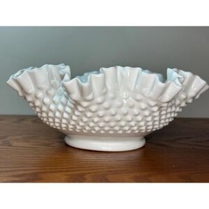 Vintage Large Fenton Hobnail Milk Glass Bowl with Ruffled Edge